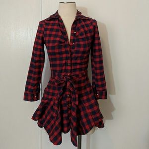Plaid red and navy, button up, hanker chief dress